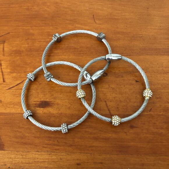 3 PCS Silver Unique Vintage Rope Style Bracelet Set with Small Gemstone Beads - Picture 2 of 9